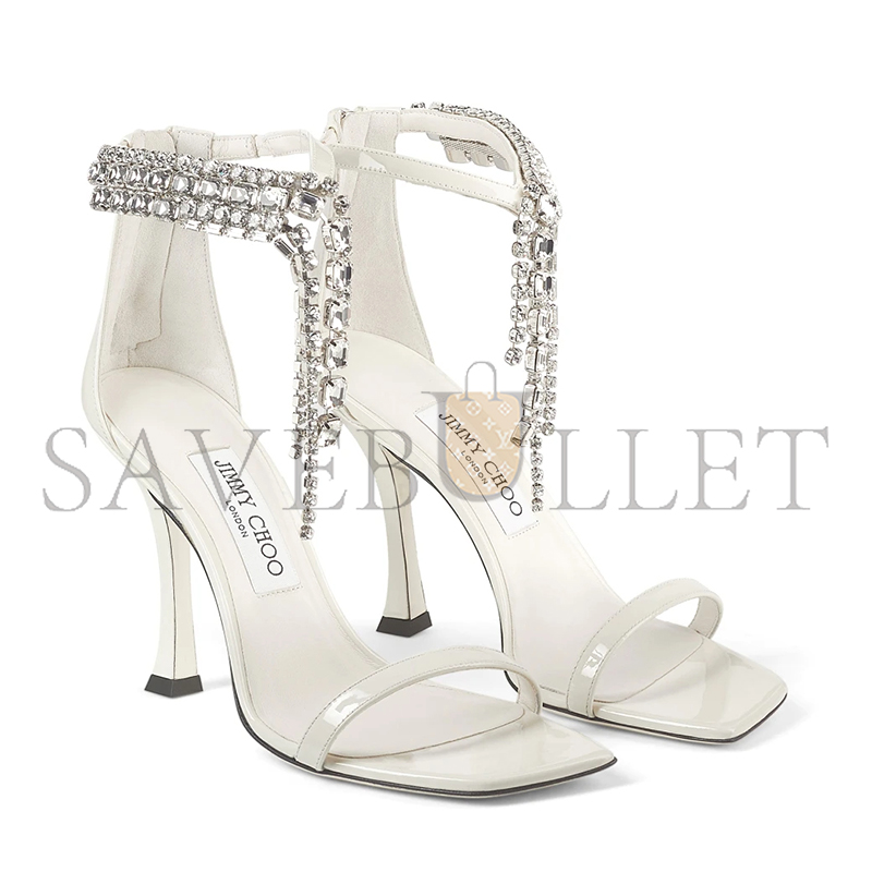 JIMMY CHOO VERITY SANDAL 100 LATTE PATENT LEATHER CRYSTAL SANDALS VERITYSANDAL100PAT